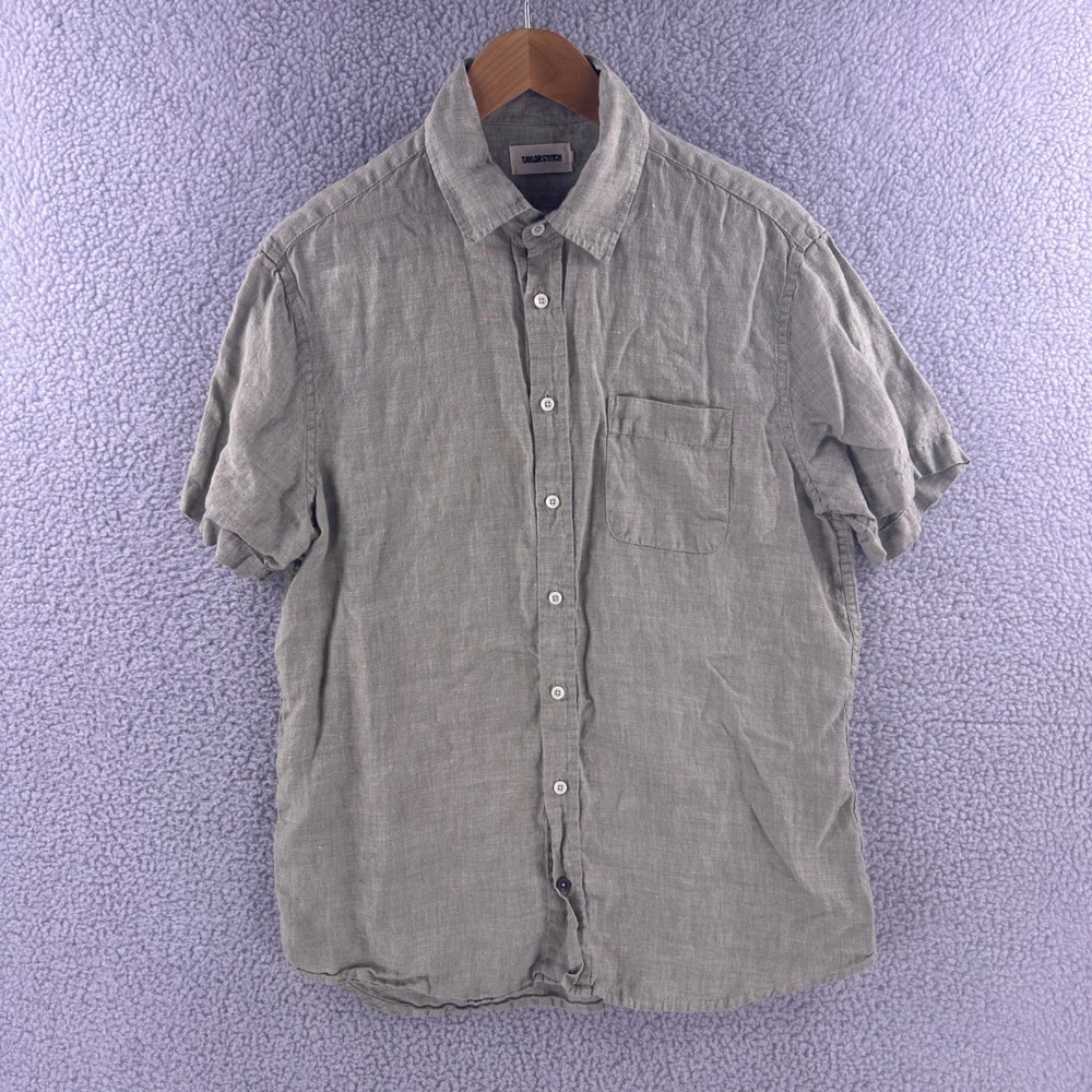 Taylor Stitch Mens 42 Large Short Sleeve Button Down Shirt Sage Green Linen
